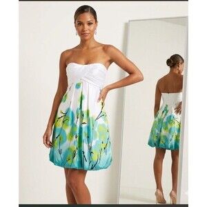 Jump Made In USA White Blue Green Floral Strapless Cocktail Party Dress Size 1-2